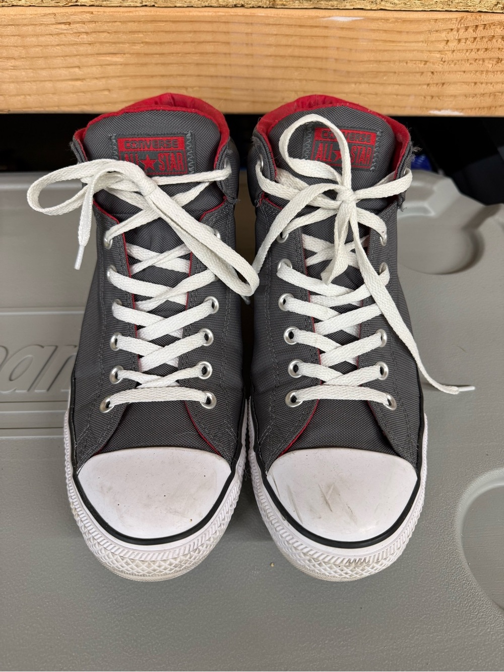 Converse High Top Sneakers in Gray with Red Trim